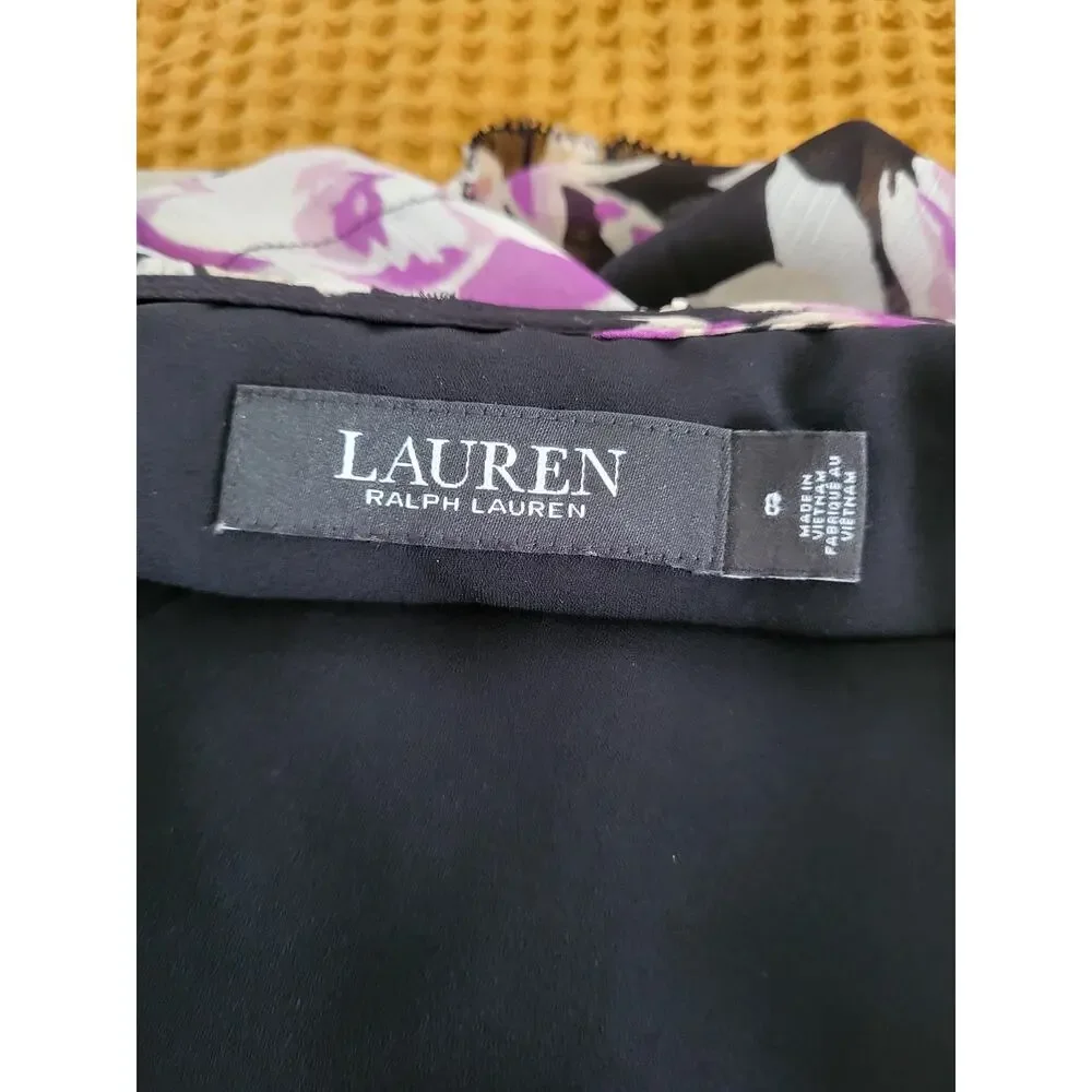 Ralph Lauren Floral Crinkle Georgette Tie Black Lavender Sparkle Dress EUC 8 - Picture 7 of 8